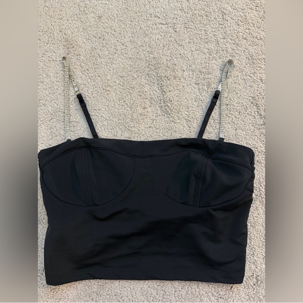 The Noli Shop Black Bustier Crop Top with Rhinestone Straps size M